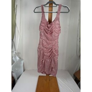 Lulus Sequin Mini Dress Rose Gold Mauve Pink Ruched Open Back Tie Size 8 NEW